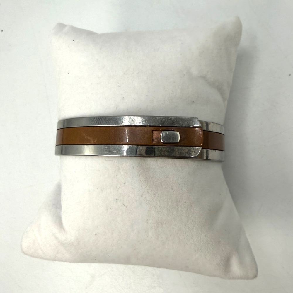 Avon Vintage Silver Tone Brown Inlay Modernist Bangle Bracelet Cuff Hook Clasp